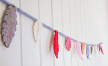 Load image into Gallery viewer, Felt feather garland-garlands-Rainbows and Clover-Galah - greys, cream, pink, peach, red-Rainbows and Clover